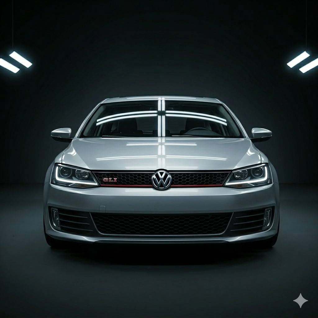 Detailed close up of metallic car surface reflecting workshop lights